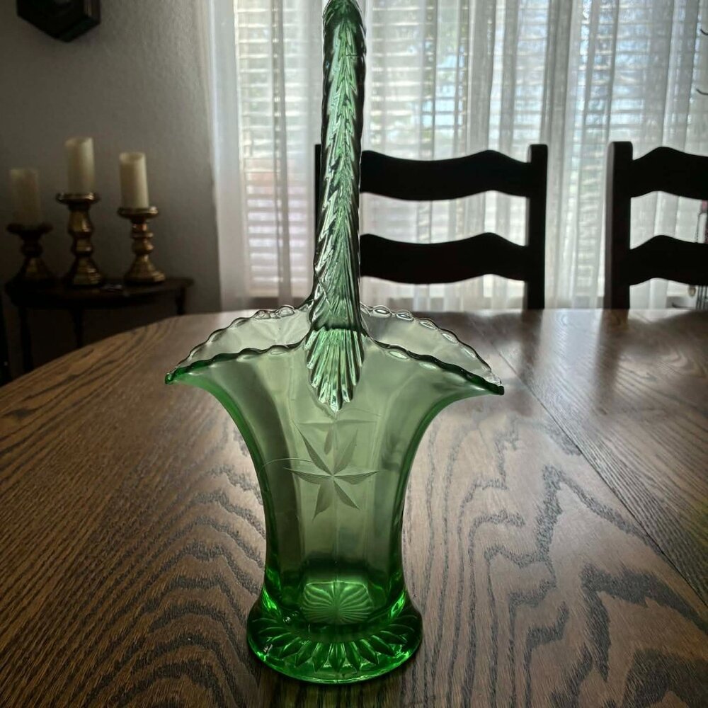 Vintage Green Glass Basket Vase with Tall Handle | Pressed Glass Flower Holder